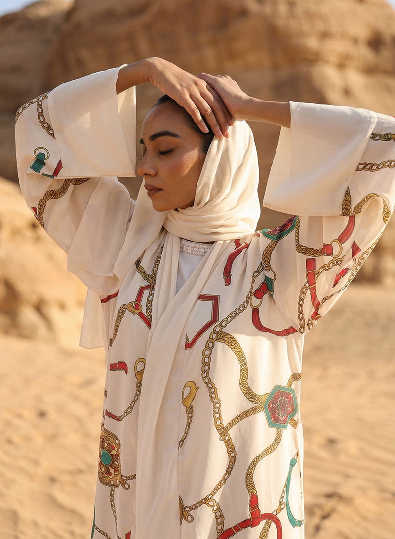 ISHIN Off White  Abstract print layered Abaya with Hijab - Image 1